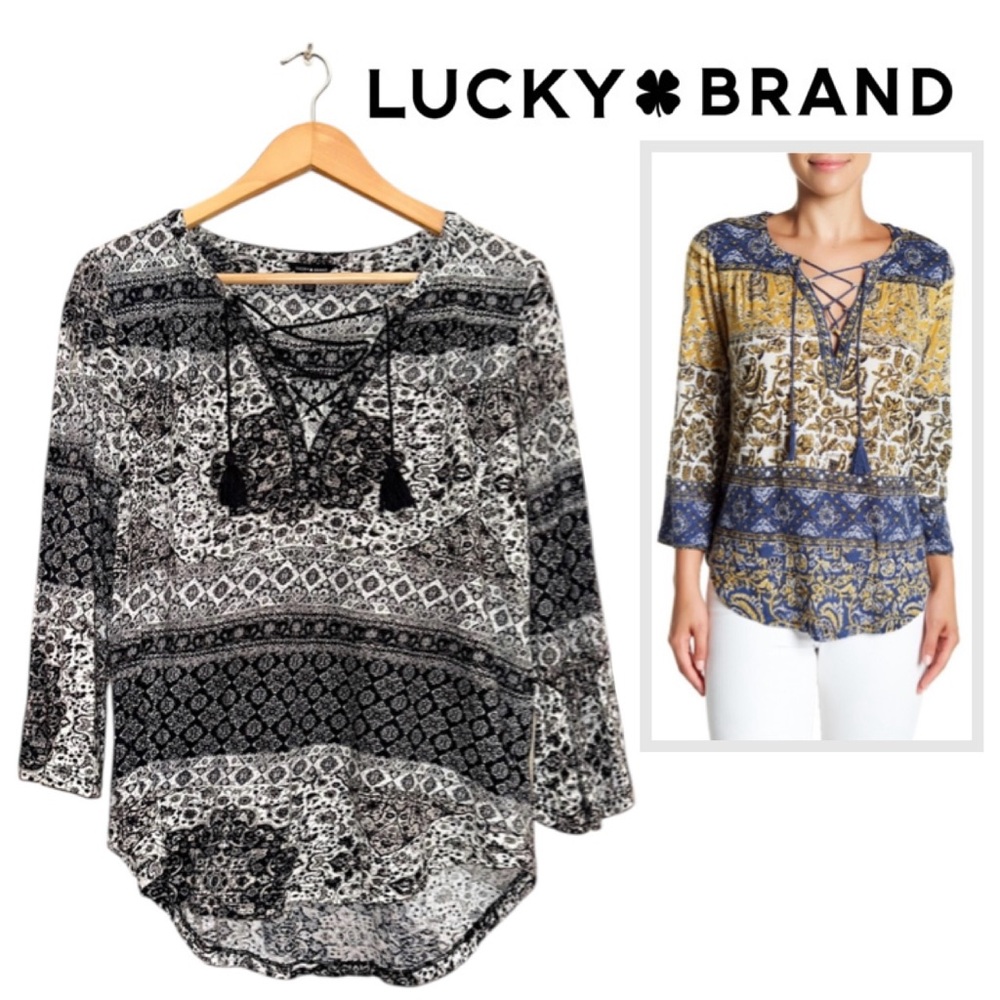 LUCKY BRAND 3/4 Sleeve Lace Up Top Black White Tassel Knit Boho Whimsical Wmn S